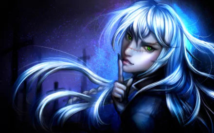 A fantasy-themed HD desktop wallpaper featuring a woman with striking green eyes and flowing white hair, set against a dark, mystical background.