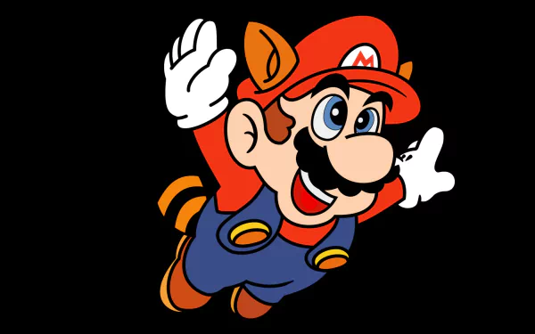 HD PC desktop wallpaper of Mario flying from the video game Super Mario Advance 4: Super Mario Bros. 3, colorful cartoon depiction on a solid black background.