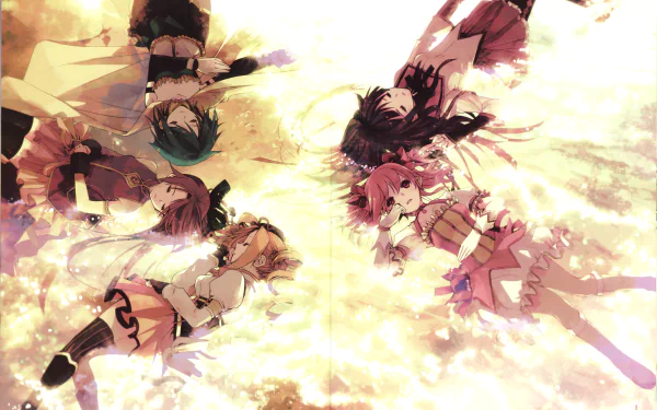 A vibrant HD wallpaper featuring the main characters from *Puella Magi Madoka Magica*: Sayaka Miki, Mami Tomoe, Kyōko Sakura, Madoka Kaname, and Homura Akemi, set against a fiery backdrop.
