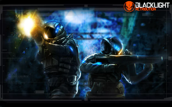 HD PC desktop wallpaper/background for the video game Blacklight: Retribution — two armored, neon-lit soldiers exchanging fire in a futuristic cityscape, logo at top-right.