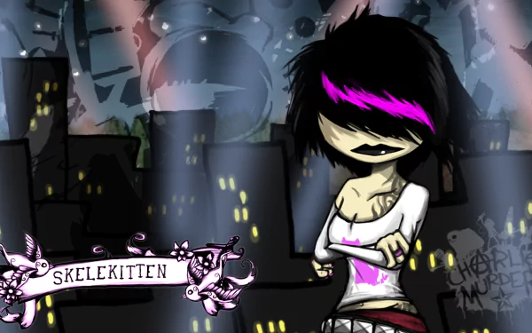 HD PC desktop wallpaper featuring a stylized character from the video game Charlie Murder with dark cityscape and neon purple highlights.