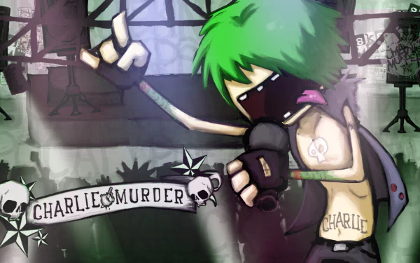 HD PC desktop wallpaper featuring a character with green hair holding a microphone in a dynamic pose from the video game Charlie Murder.