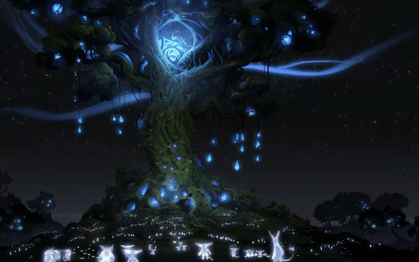 A serene HD wallpaper from Ori and the Blind Forest, featuring a luminous tree surrounded by ethereal lights and gentle creatures in a magical forest setting.