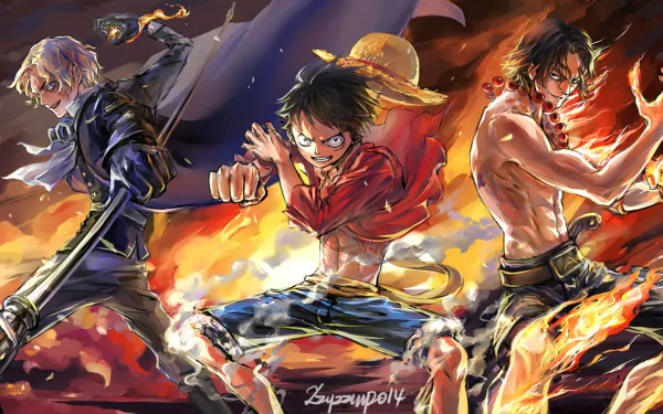HD desktop wallpaper featuring Monkey D. Luffy, Portgas D. Ace, and Sabo from One Piece, dynamically illustrated with vibrant flames surrounding them.