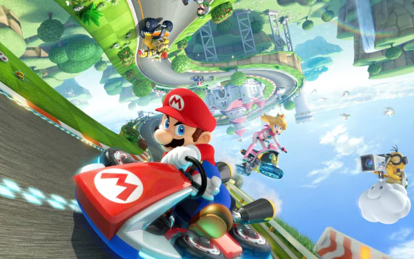 Colorful HD wallpaper featuring Mario from Mario Kart 8 racing on a dynamic track surrounded by other characters in a vibrant, playful environment.