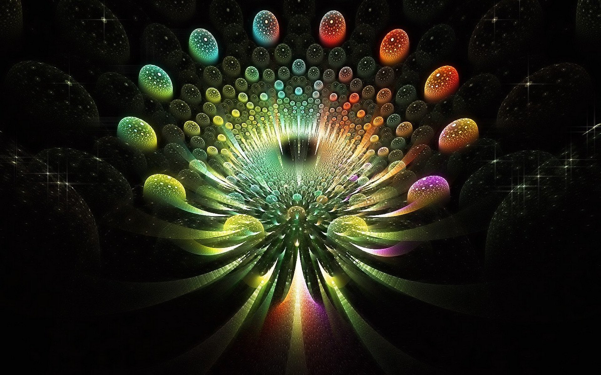 Abstract fractal HD PC desktop wallpaper and background: glowing multicolored radial flower of orbs with petal-like trails on a deep black field.