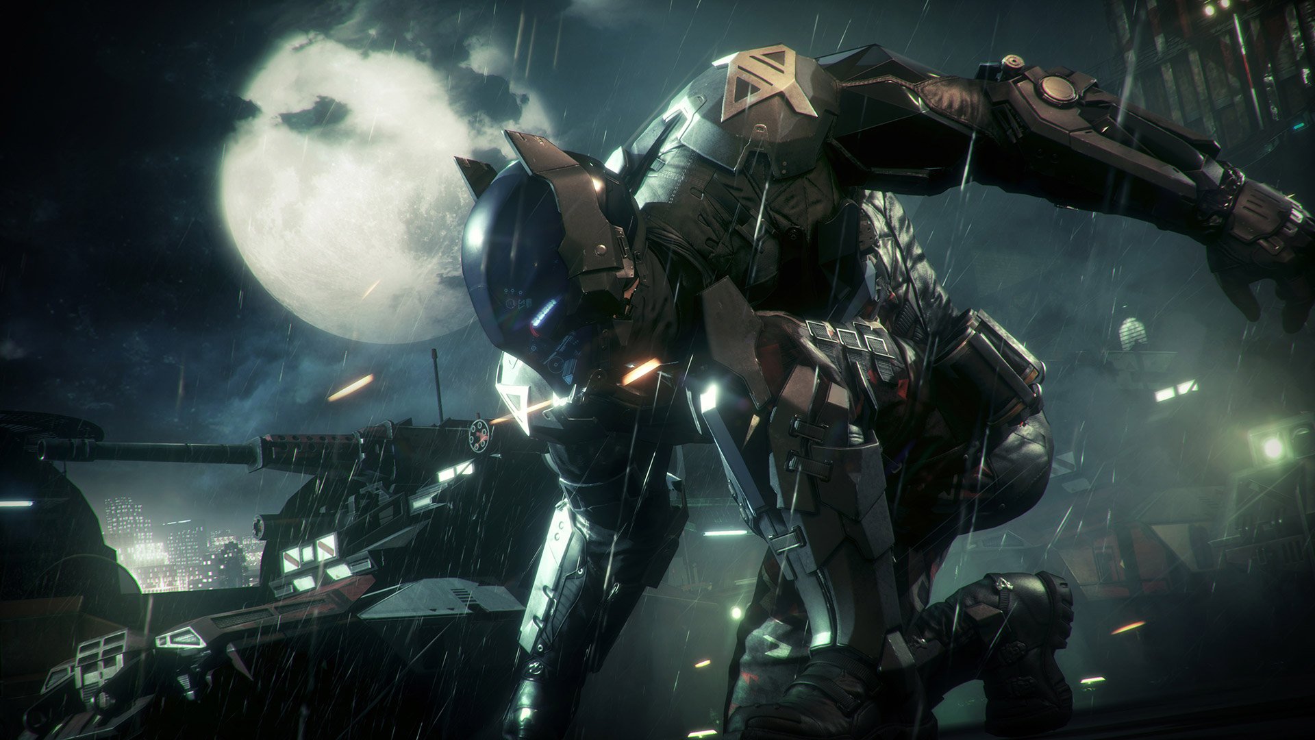 HD PC desktop wallpaper featuring Batman in tactical armor from the video game Batman: Arkham Knight, set against a dark, rainy night with a full moon.