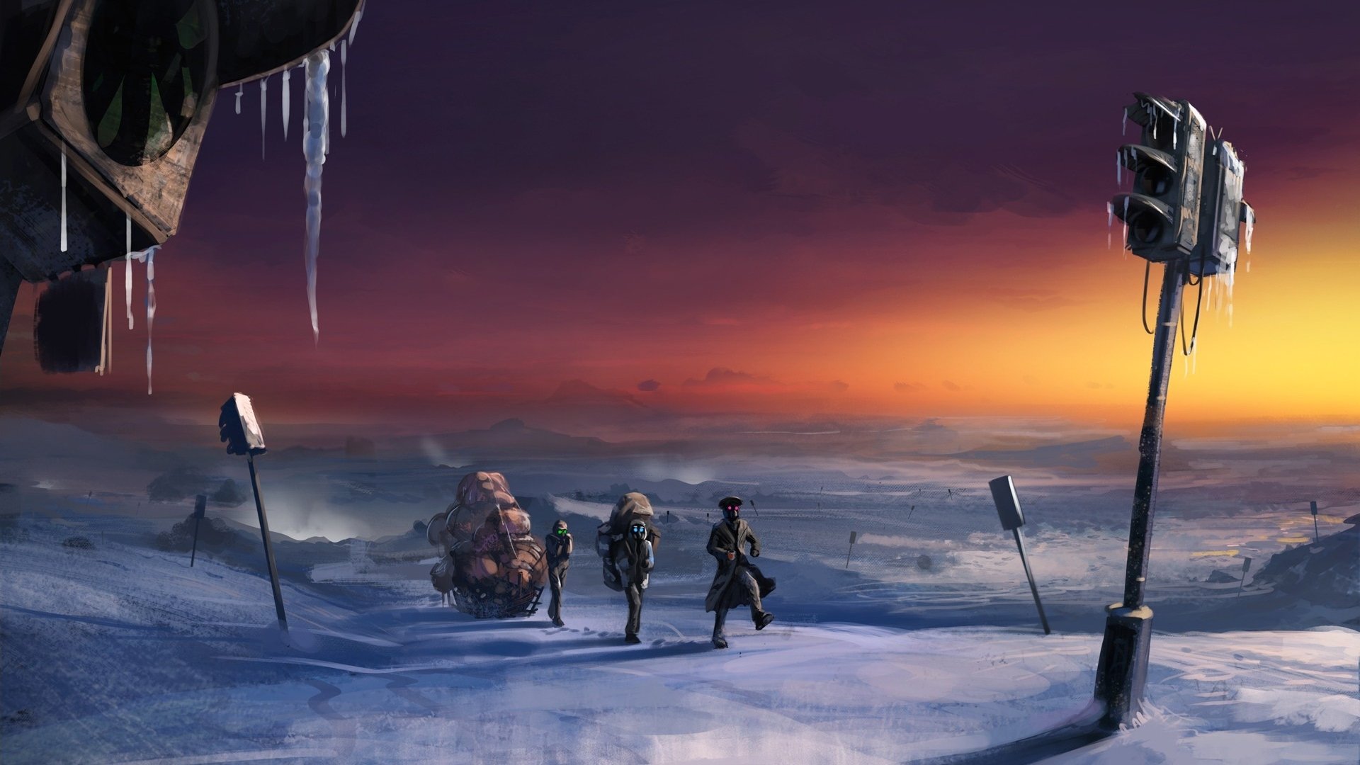 HD PC desktop wallpaper from the comic Romantically Apocalyptic, depicting three figures walking through a snowy, post-apocalyptic landscape at sunset beneath icy traffic lights.