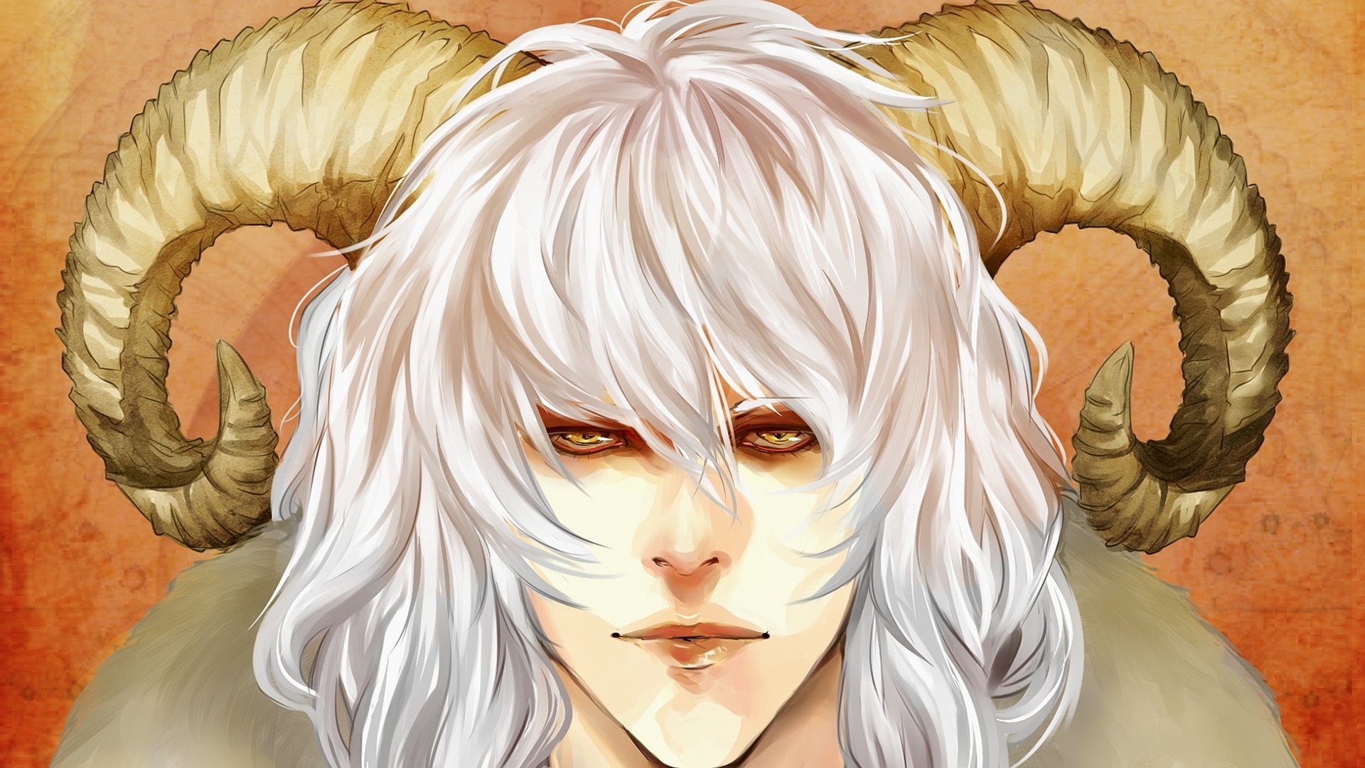 HD PC desktop wallpaper: dark demon close-up of a pale, white‑haired figure with curled ram horns and glowing amber eyes.