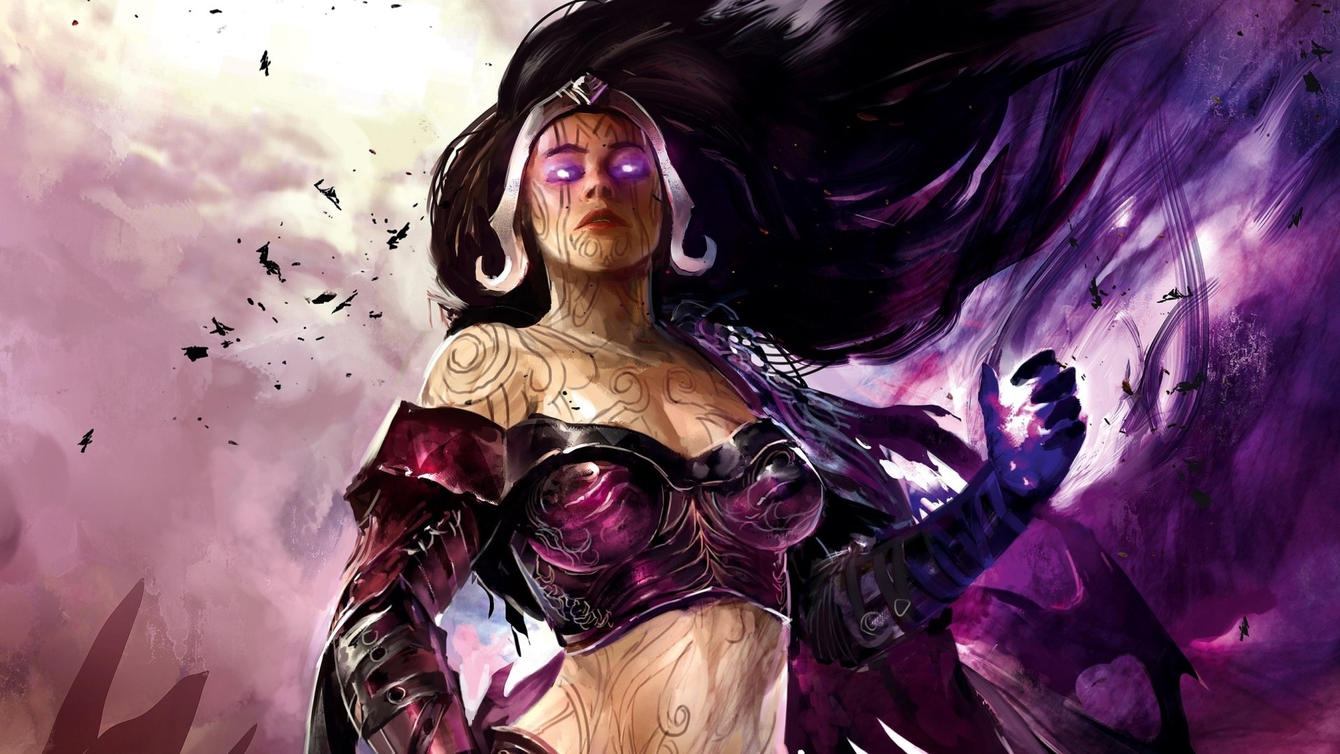 HD PC desktop wallpaper featuring a man-made Magic: The Gathering character with glowing purple eyes, dark flowing hair, and mystical tattoos in a dramatic fantasy setting.