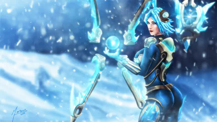 Irelia from League of Legends in ice-blue armor, levitating blades swirling in a snowy landscape — HD PC desktop wallpaper background, video game artwork.