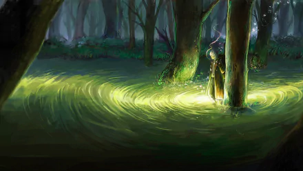 HD desktop wallpaper of Ginko from Mushishi, standing in a mystical forest with swirling green lights around him.