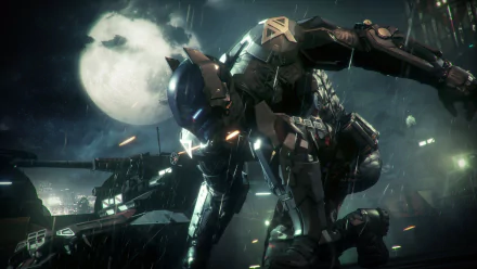 HD PC desktop wallpaper featuring Batman in tactical armor from the video game Batman: Arkham Knight, set against a dark, rainy night with a full moon.