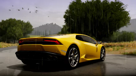 HD PC desktop wallpaper featuring a yellow sports car from Forza Horizon 2 set on a wet road with trees and mountains in the background.