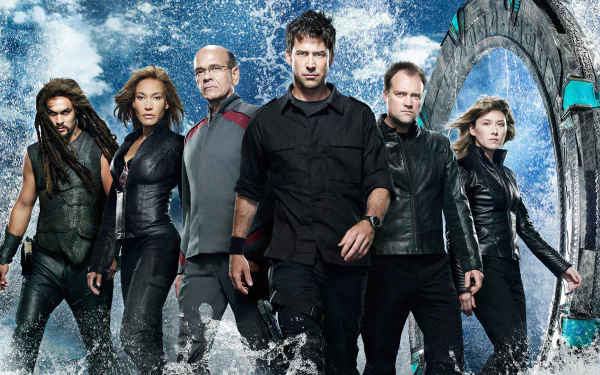 A dynamic HD wallpaper featuring the main cast of the TV show Stargate Atlantis, standing confidently in front of the iconic Stargate against a vibrant, otherworldly backdrop.
