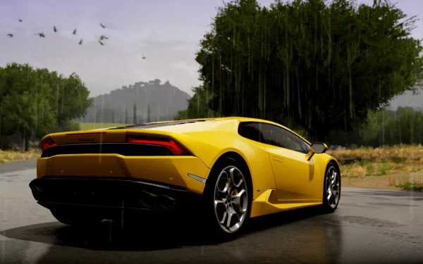 HD PC desktop wallpaper featuring a yellow sports car from Forza Horizon 2 set on a wet road with trees and mountains in the background.