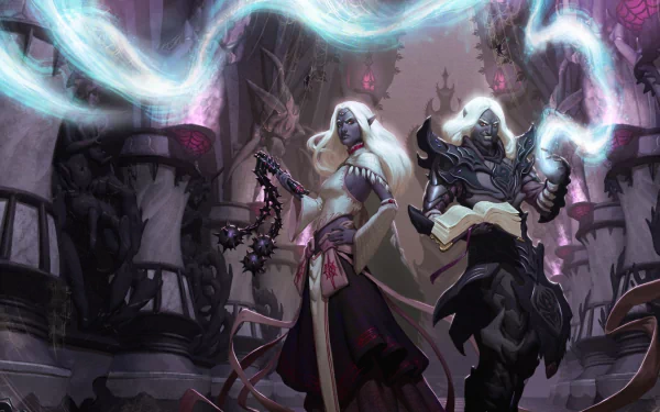 Fantasy Dungeons & Dragons HD desktop wallpaper depicting two mystical characters wielding magical powers amid a dark, eerie castle setting.