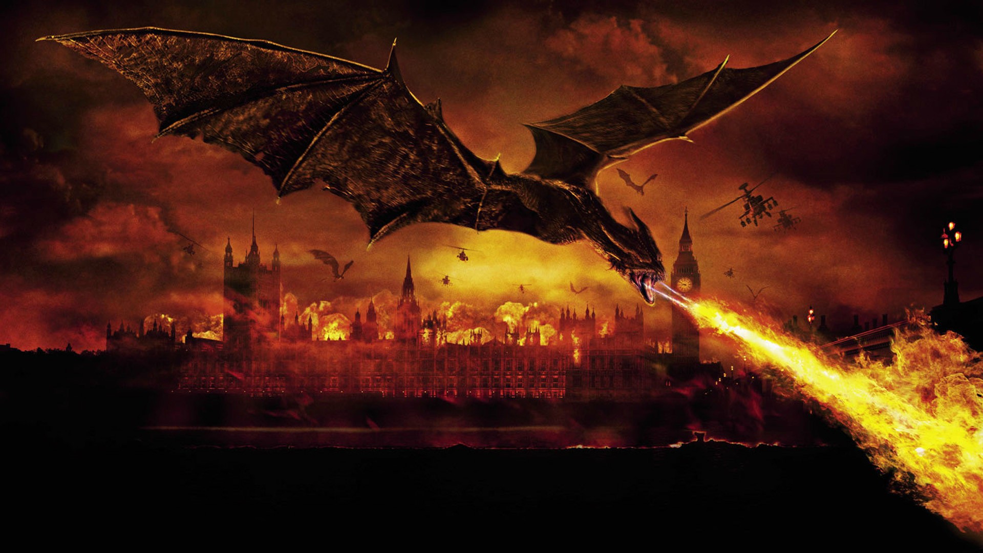 HD wallpaper depicting a dragon breathing fire over London, inspired by the movie Reign of Fire, showcasing a fiery apocalypse at a palace.
