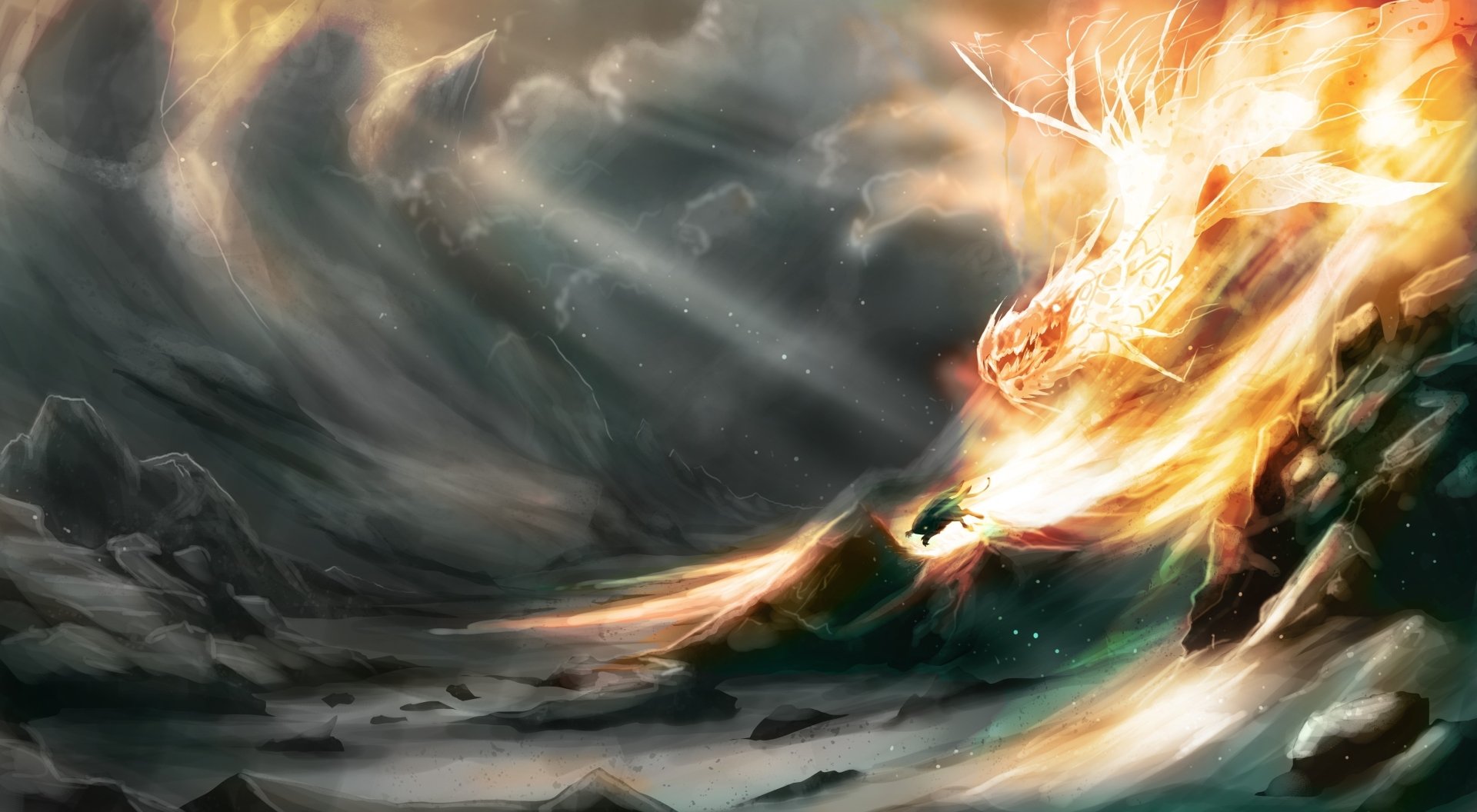 4K Ultra HD fantasy desktop wallpaper depicting a fiery dragon soaring through a stormy, dramatic sky over a rugged mountain landscape.