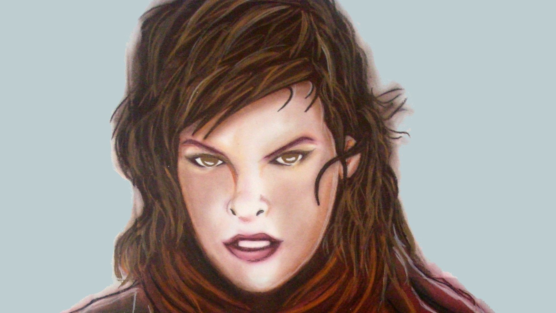 HD PC desktop wallpaper: stylized close-up of a fierce woman with tousled dark hair and piercing eyes against a pale teal background, movie-themed for Resident Evil: Extinction.