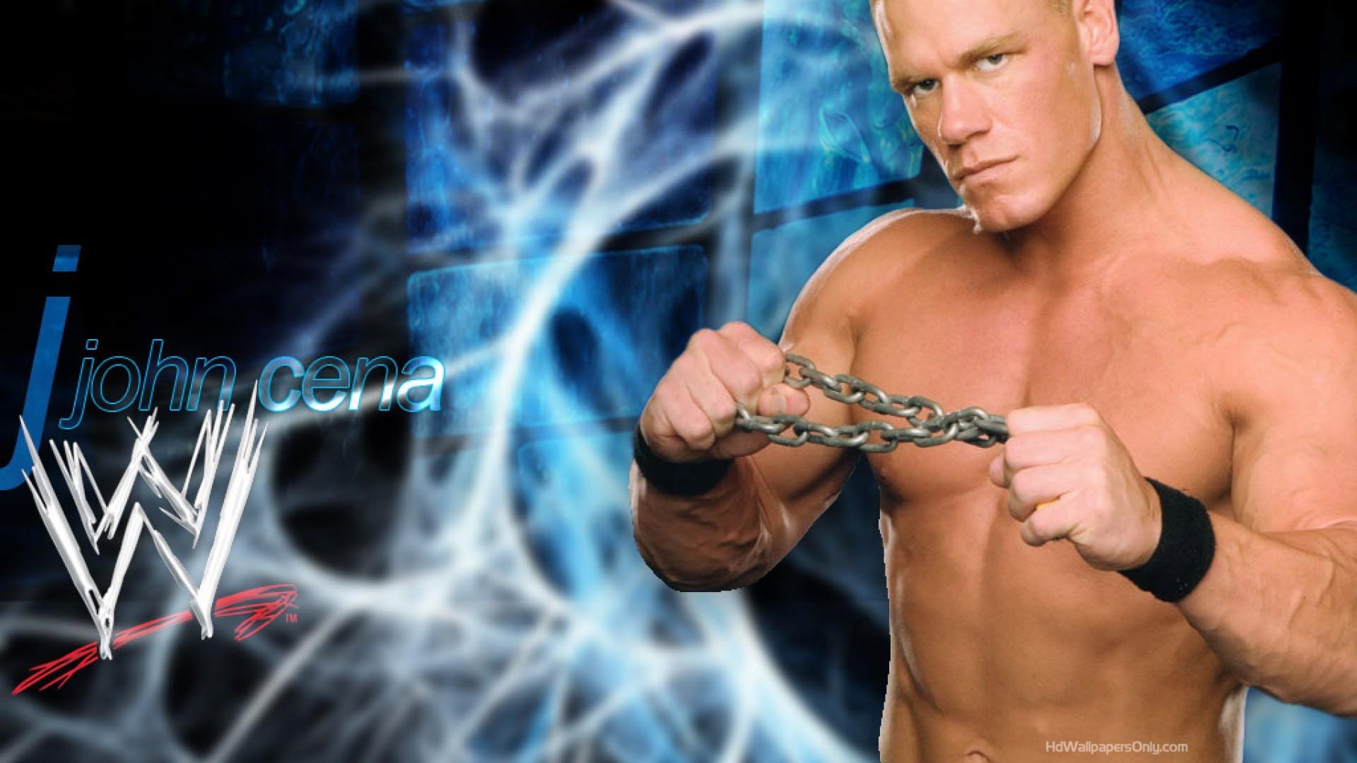 HD WWE wallpaper featuring John Cena with a chain on a blue electrified background.