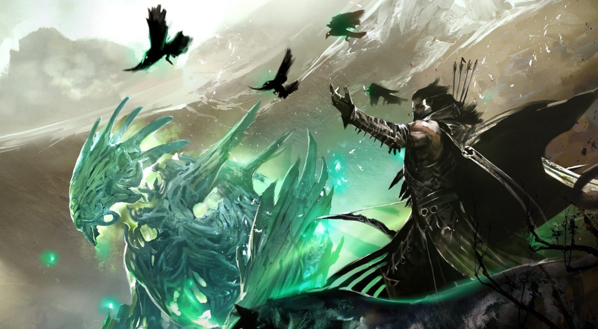 HD desktop wallpaper featuring a dark, magical warrior confronting a glowing, crystalline creature with ravens flying above, inspired by the video game Guild Wars 2.
