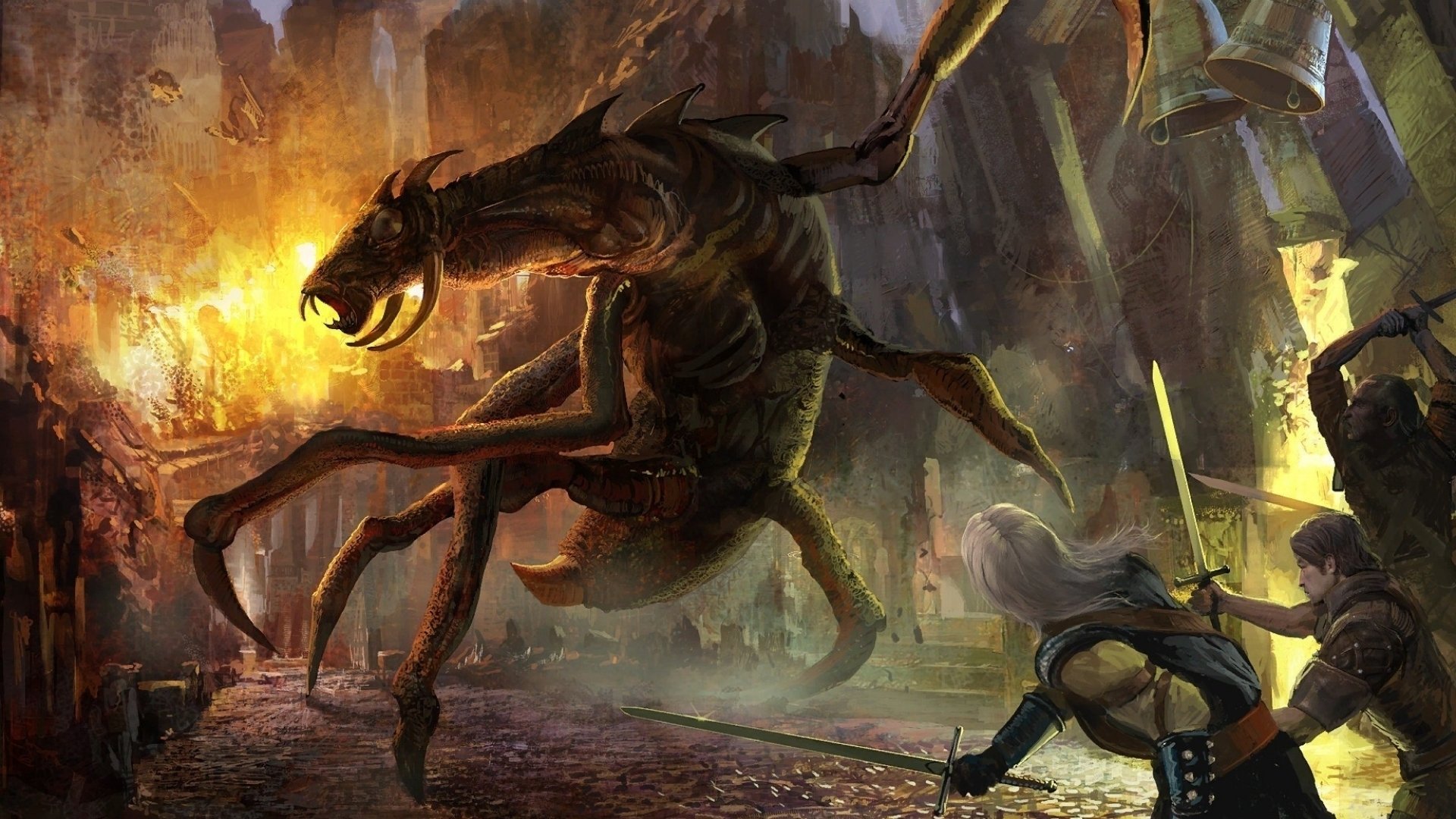 HD PC desktop wallpaper and background from the video game The Witcher 2: Assassins of Kings showing Geralt battling a giant insect-like monster amid flaming ruins.