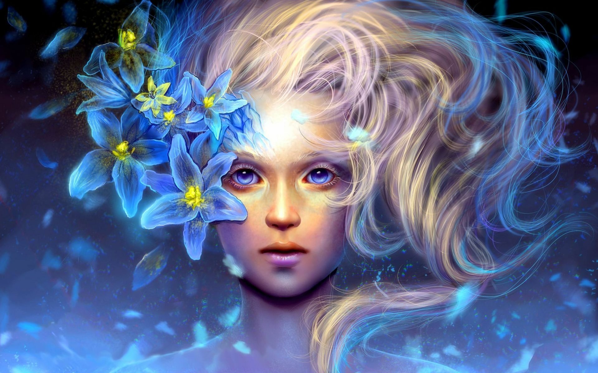 A captivating fantasy image of a woman with flowing hair adorned with blue flowers, set against a dreamy backdrop, suitable as an HD desktop wallpaper.