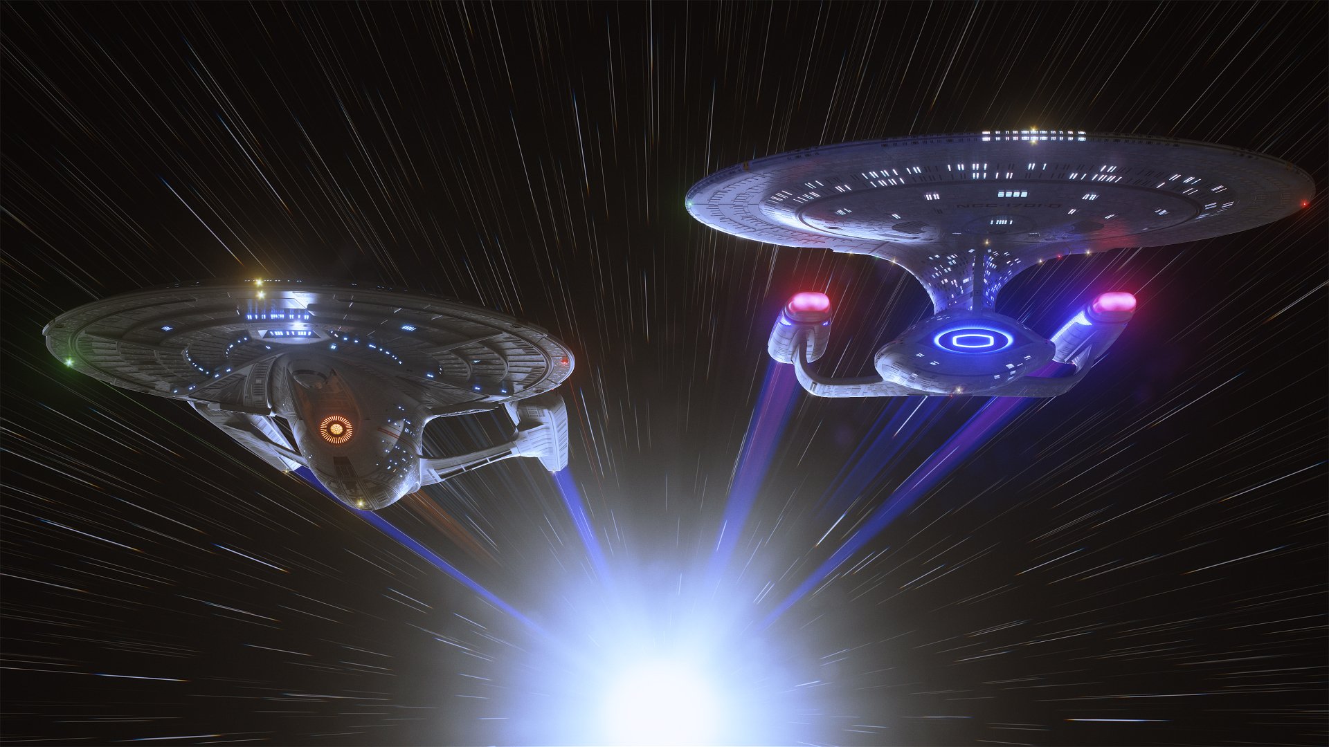 Two iconic starships from Star Trek race through space, emitting vibrant light beams against a backdrop of swirling galaxies, creating an epic Sci-Fi desktop wallpaper.