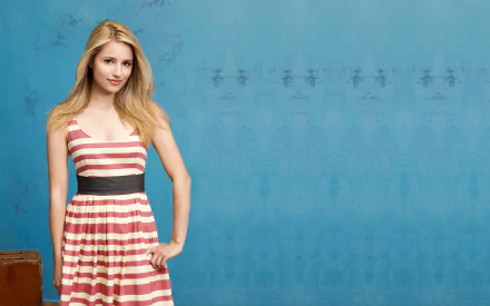 HD desktop wallpaper featuring American actress and celebrity Dianna Agron in a striped dress against a textured blue background.