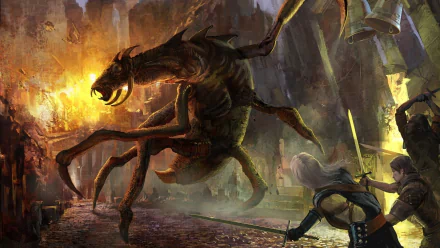 HD PC desktop wallpaper and background from the video game The Witcher 2: Assassins of Kings showing Geralt battling a giant insect-like monster amid flaming ruins.