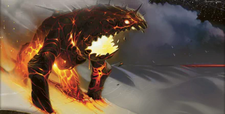 Man-made Magic: The Gathering HD desktop wallpaper of a molten, armored lava beast emerging from flames onto snowy ground beneath a stormy sky.