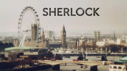 HD desktop wallpaper featuring a panoramic view of London with iconic landmarks like the London Eye and Big Ben, titled SHERLOCK for the TV series.