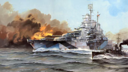 HD desktop wallpaper of the USS California (BB-44) battleship in wartime, showcasing the military warship amid smoke and action on the water.