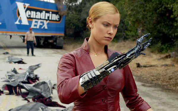 A scene from Terminator 3: Rise of the Machines, featuring a female character examining her robotic arm, set against a backdrop of a truck and scattered debris. HD wallpaper design.