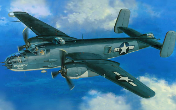 An 8K Ultra HD image of a North American B-25 Mitchell flying against a blue sky, showcasing its military design and historical significance.