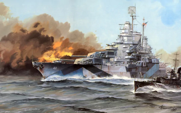 HD desktop wallpaper of the USS California (BB-44) battleship in wartime, showcasing the military warship amid smoke and action on the water.