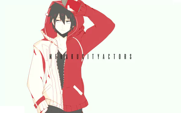 A high-definition desktop wallpaper featuring Shintaro Kisaragi from the Kagerou Project, depicted in a striking red and white hoodie. The design is bold and visually engaging.