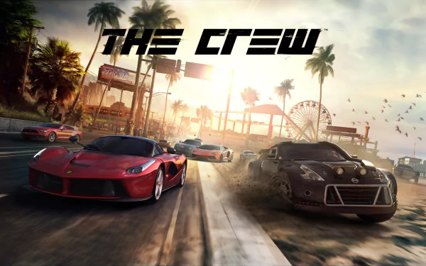 HD wallpaper for The Crew, featuring sleek sports cars racing on a vibrant street with palm trees and a Ferris wheel in the background, capturing the thrill of the game.