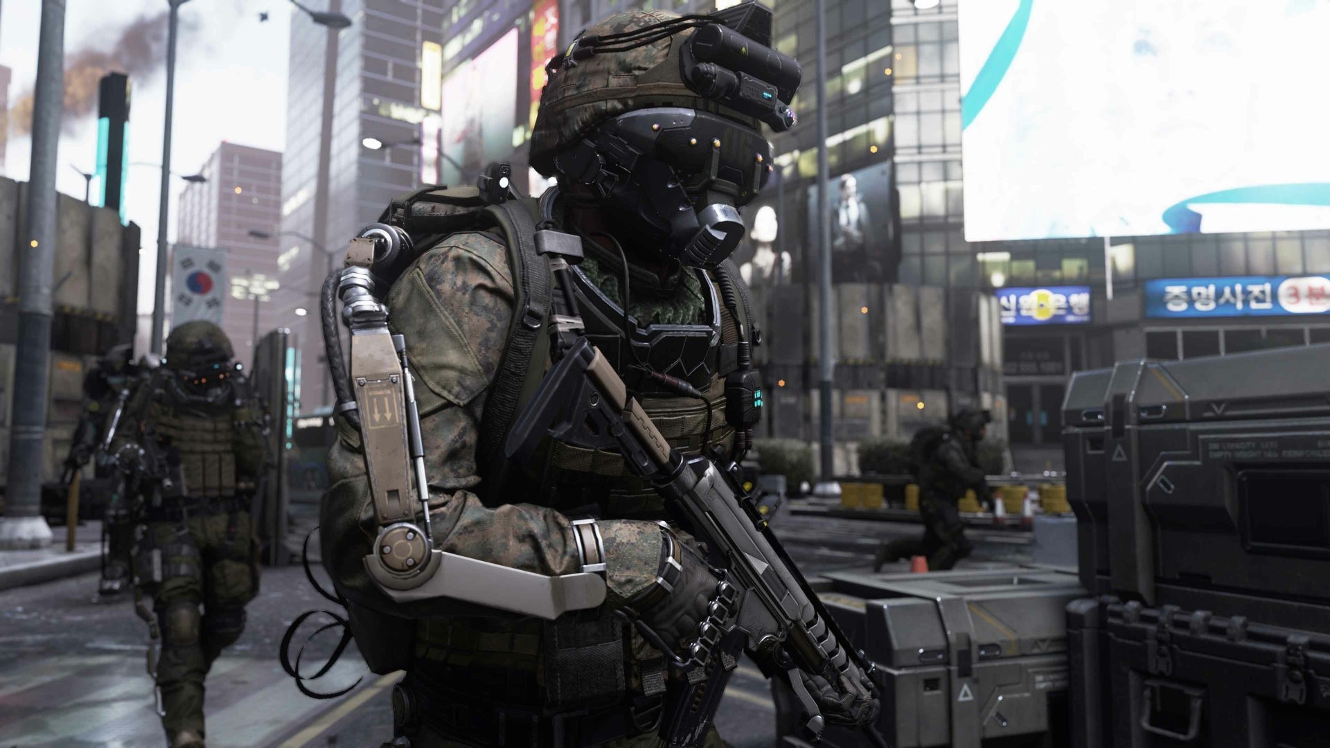 A soldier in advanced armor, equipped with a futuristic weapon, stands in a vibrant cityscape from Call of Duty: Advanced Warfare. This 4K Ultra HD wallpaper captures the game's intense atmosphere.