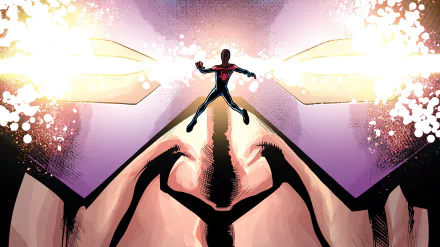 HD PC desktop wallpaper: Spider-Man silhouetted before Galactus's looming helmet and cosmic light — Cataclysm: Ultimate Spider-Man comic artwork.
