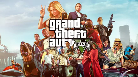 HD desktop wallpaper featuring characters from the video game Grand Theft Auto V: Chop, Franklin Clinton, Trevor Philips, and Michael De Santa, with the game's title logo prominently displayed in the center.