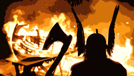 HD PC desktop wallpaper/background: fantasy viking silhouette with winged helmet and axe overlooking a village consumed by roaring flames.
