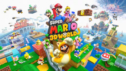Colorful HD desktop wallpaper featuring characters from Super Mario 3D World, showcasing vibrant landscapes and playful elements from the beloved video game.