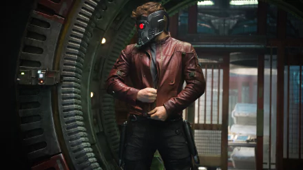 Star-Lord, portrayed by Chris Pratt as Peter Quill, stands confidently in a futuristic setting, wearing his iconic mask and maroon leather jacket, captured in stunning 4K Ultra HD.
