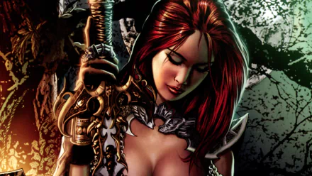 HD PC desktop wallpaper of comic heroine Red Sonja — close-up of a red‑haired warrior in ornate armor gripping a sword against a forested, cracked-stone backdrop.