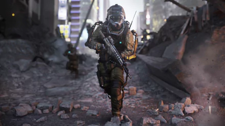 A soldier in futuristic armor strides through a rubble-strewn urban landscape, showcasing intense action from the Call of Duty: Advanced Warfare video game in this HD wallpaper.