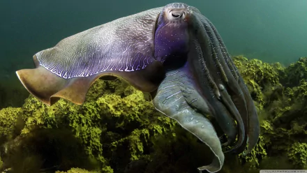 HD PC desktop wallpaper featuring a close-up of a cuttlefish swimming above underwater vegetation.