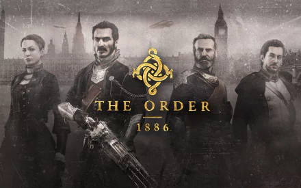 HD PC desktop wallpaper featuring the main characters from the video game The Order: 1886 with a Victorian London backdrop and the game’s emblem in the center.