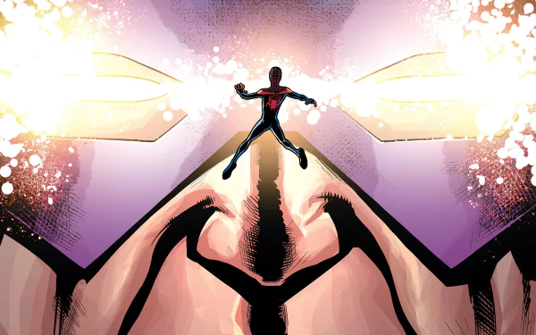 HD PC desktop wallpaper: Spider-Man silhouetted before Galactus's looming helmet and cosmic light — Cataclysm: Ultimate Spider-Man comic artwork.